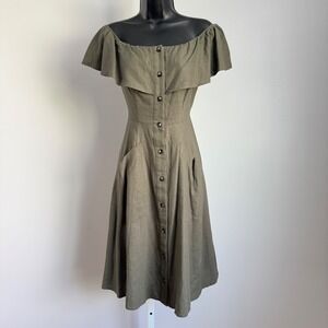 Saks Fifth Ave. Green Off Shoulder Midi Dress cottagecore  Ruffle‎ Size 2